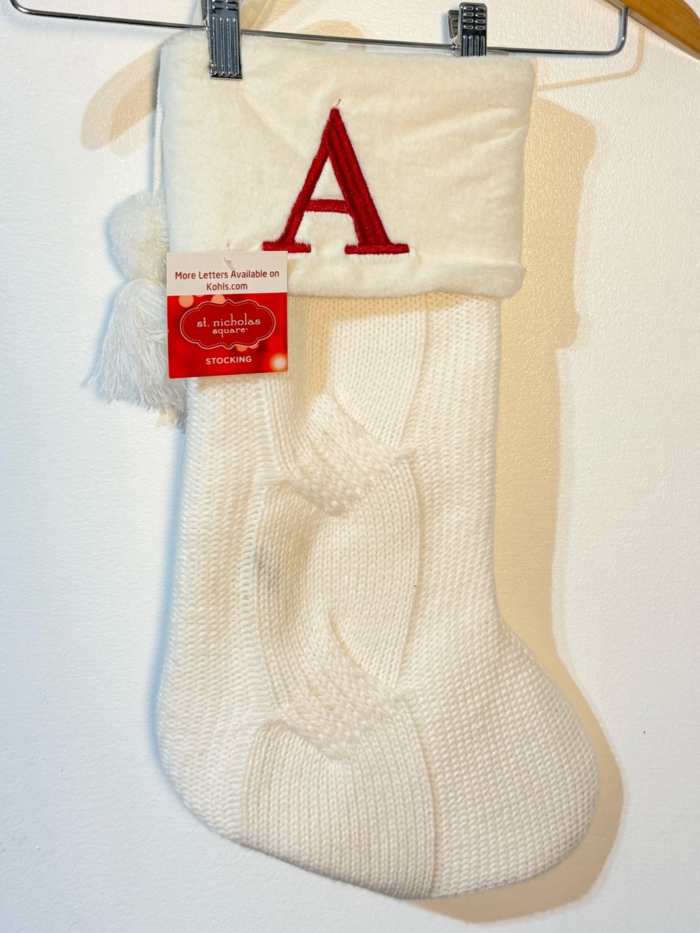 St. Nicholas Square ivory faux fur Knit Holiday Stocking with Red Monogram A